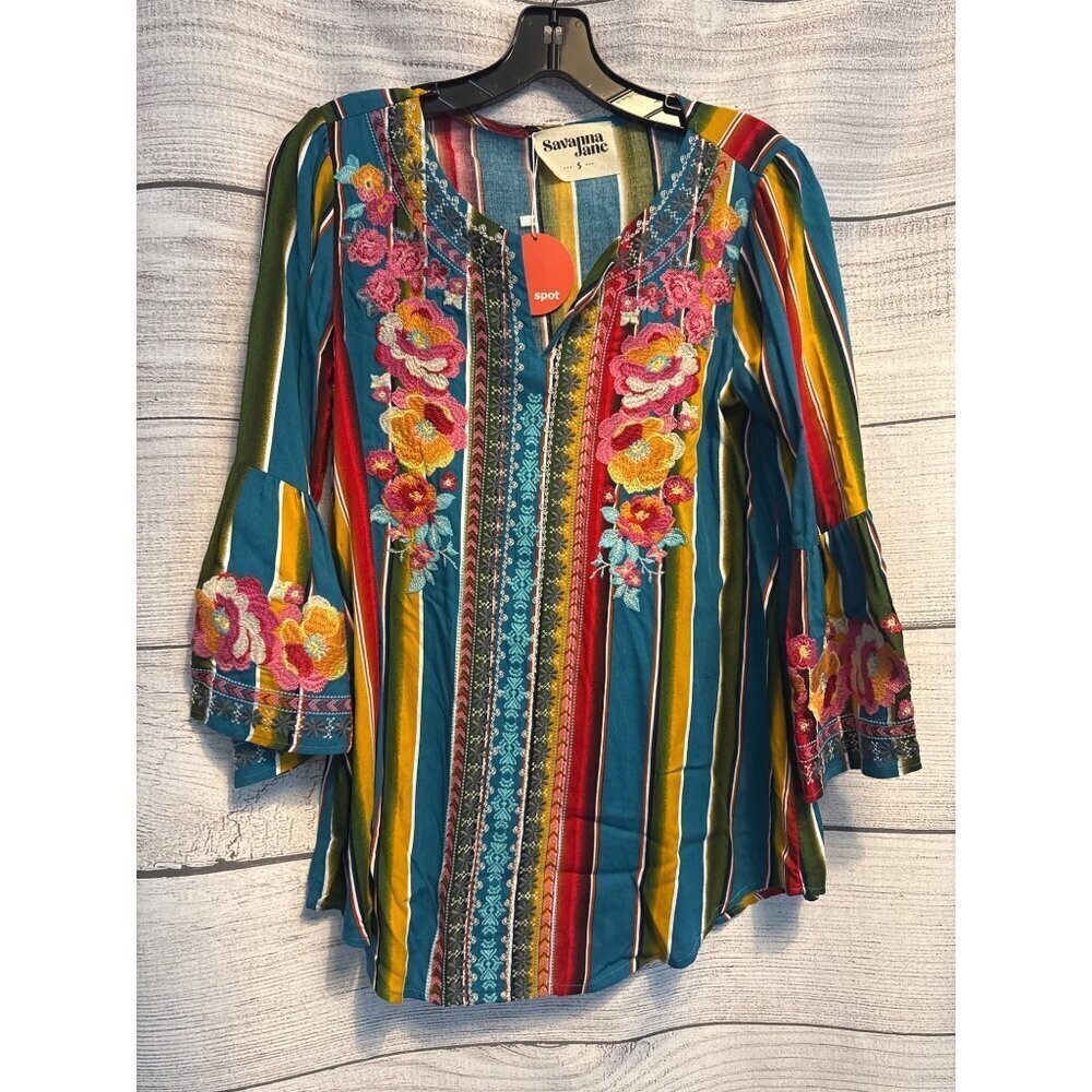 NWT Savanna Jane Boho Chic Bell Sleeve Stripe Embroidered Floral Top Size S